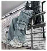 Threebooy Hip hop American high street washed straight leg large pocket straight leg jeans for men and women loose and trendy casual pants